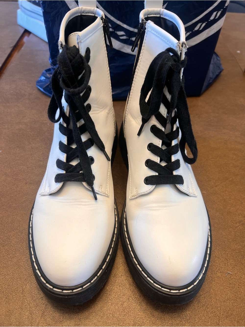 Madden Girl White Leather Lace-Up Combat Boots with Black Laces